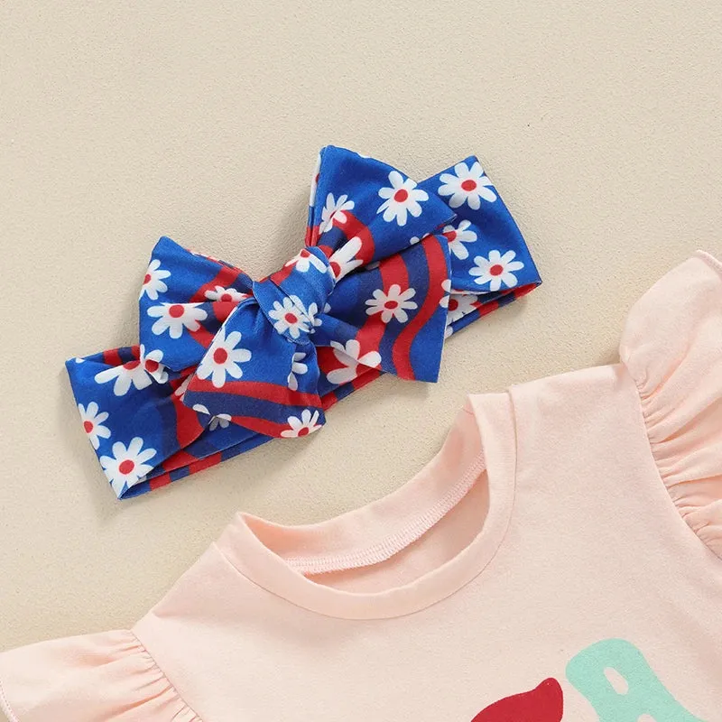 4th of July Baby Toddler Girls Flared Pants American Honey Independence Day Outfits Letter Printed Short Sleeve Tops Stars Stripes Bell bottom