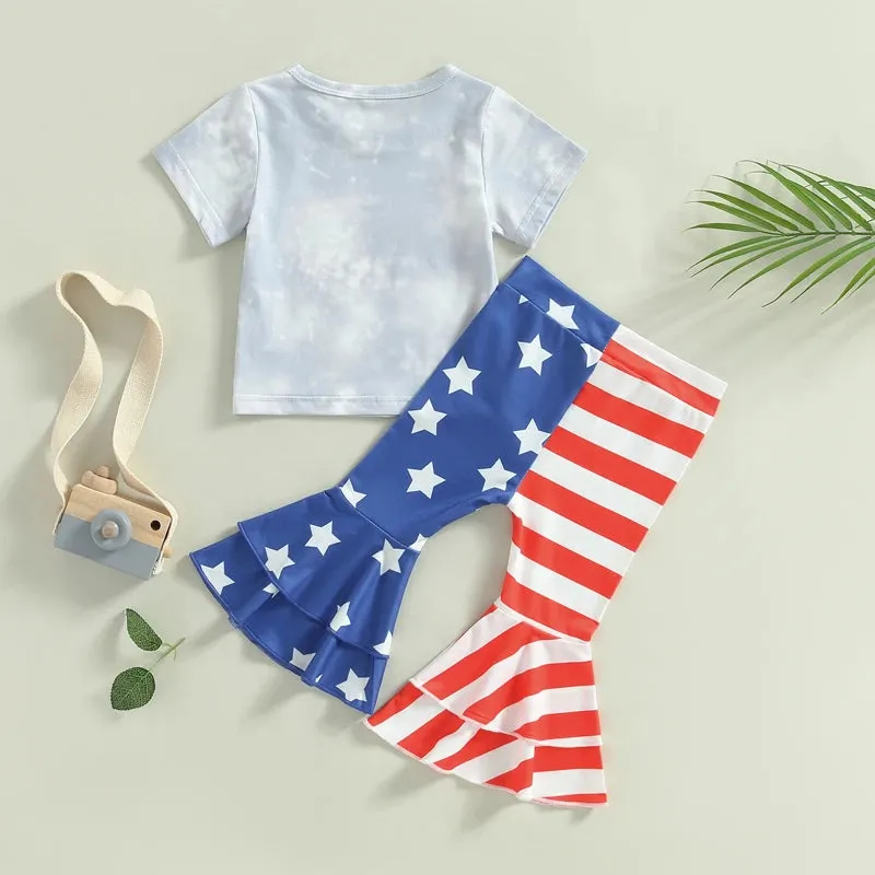 4th of July Baby Toddler Girls Flared Pants American Honey Independence Day Outfits Letter Printed Short Sleeve Tops Stars Stripes Bell bottom