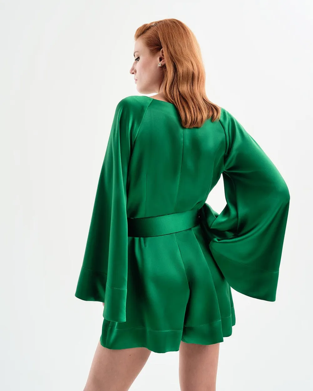 Access Fashion Island Green Satin Playsuit  With Belt