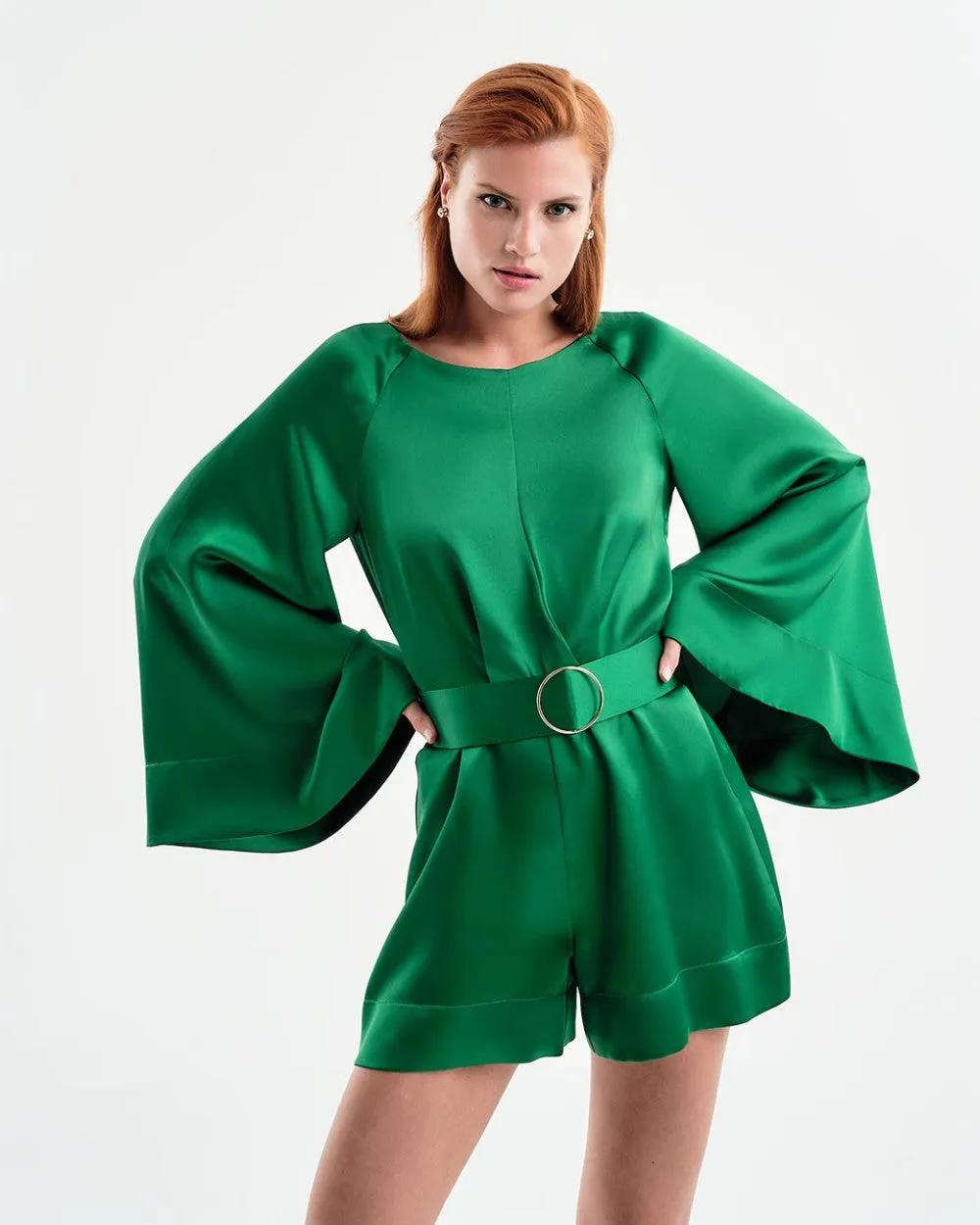 Access Fashion Island Green Satin Playsuit  With Belt