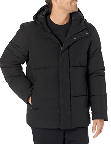 Amazon Essentials Men's Recycled Polyester Mid-Length Hooded Puffer (Available in Big & Tall), Black, Medium