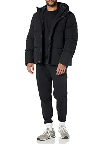 Amazon Essentials Men's Recycled Polyester Mid-Length Hooded Puffer (Available in Big & Tall), Black, Medium