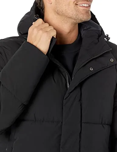 Amazon Essentials Men's Recycled Polyester Mid-Length Hooded Puffer (Available in Big & Tall), Black, Medium