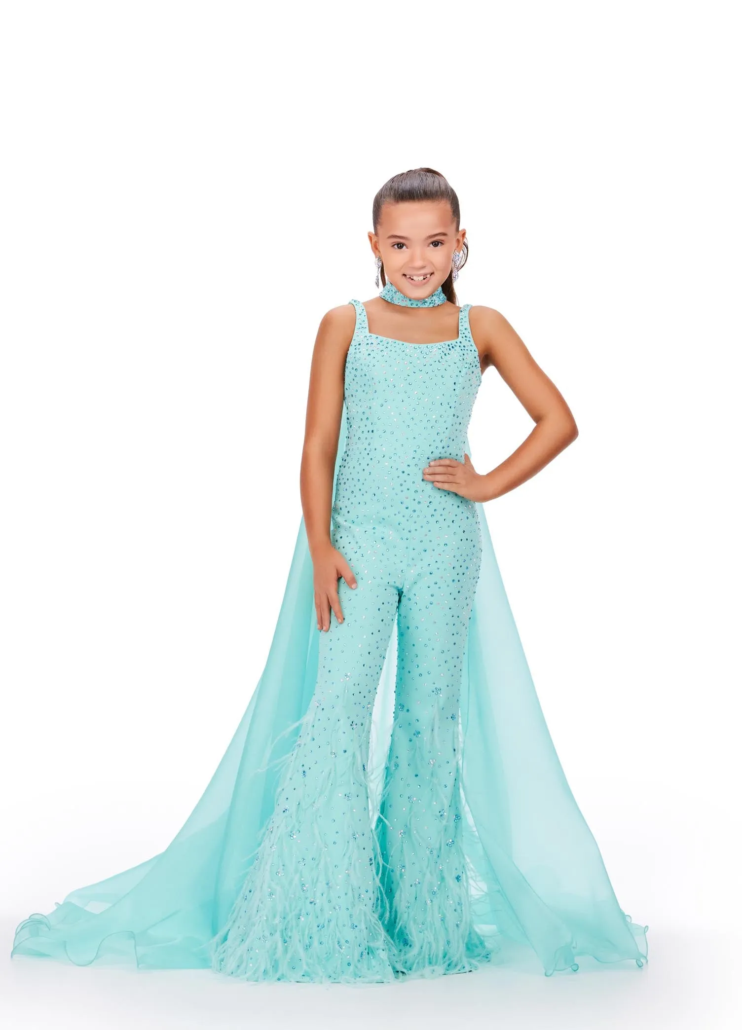 Ashley Lauren Kids 8210 Pageant Jumpsuit Crystal Feather Embellished Bell Bottom Cape