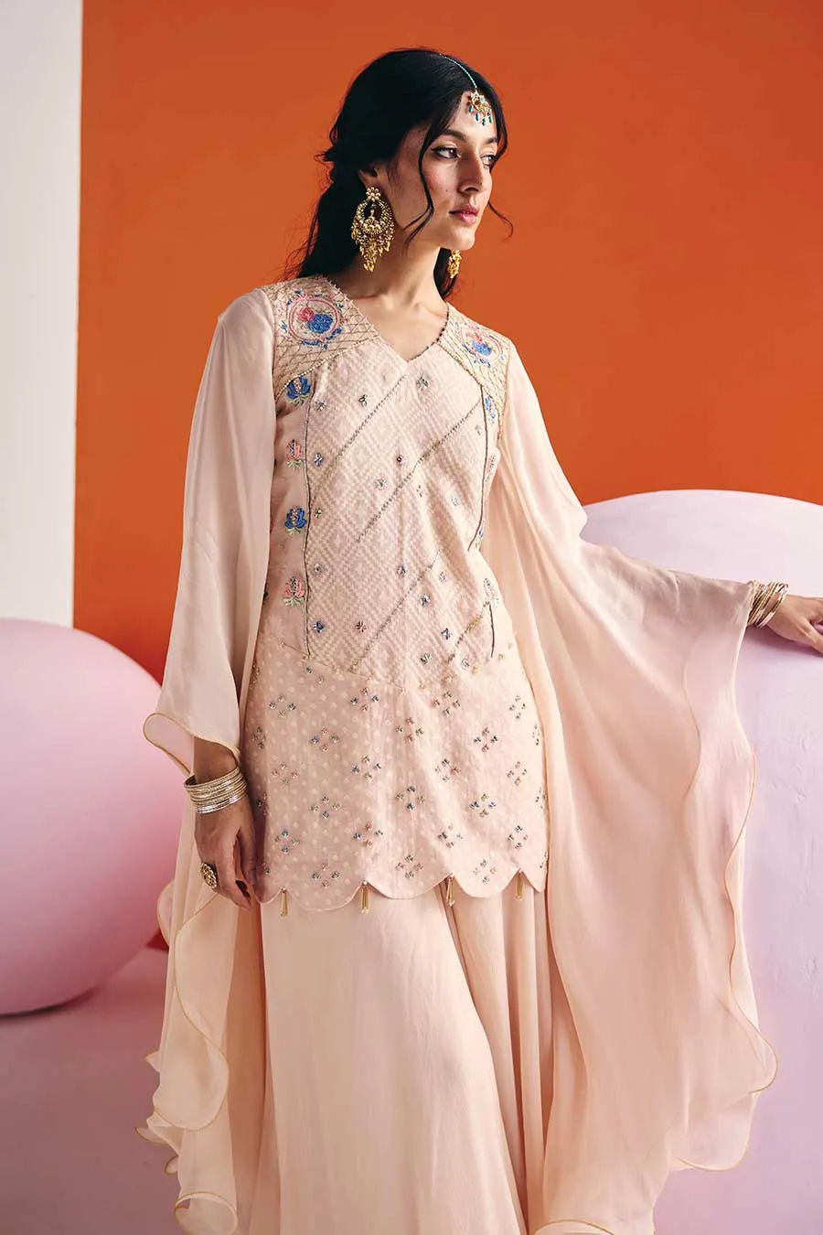 Beige Embroidered Short Kurta & Palazzo Set