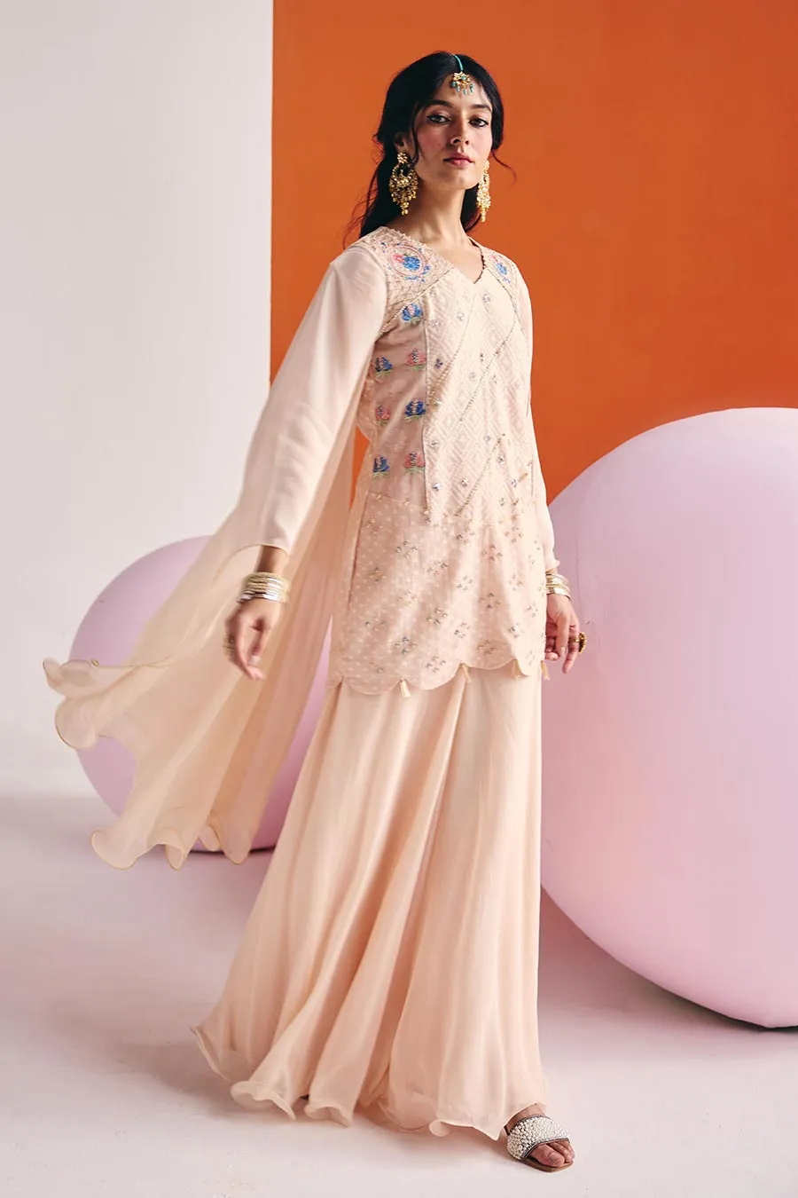 Beige Embroidered Short Kurta & Palazzo Set