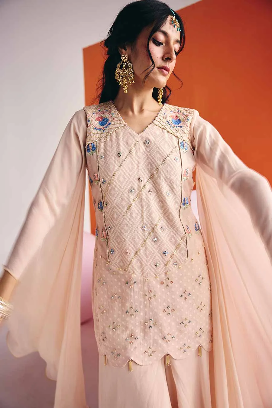 Beige Embroidered Short Kurta & Palazzo Set