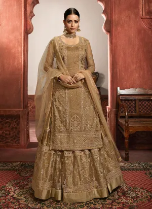 Beige Golden Embroidered Net Lehenga/Pant Suit