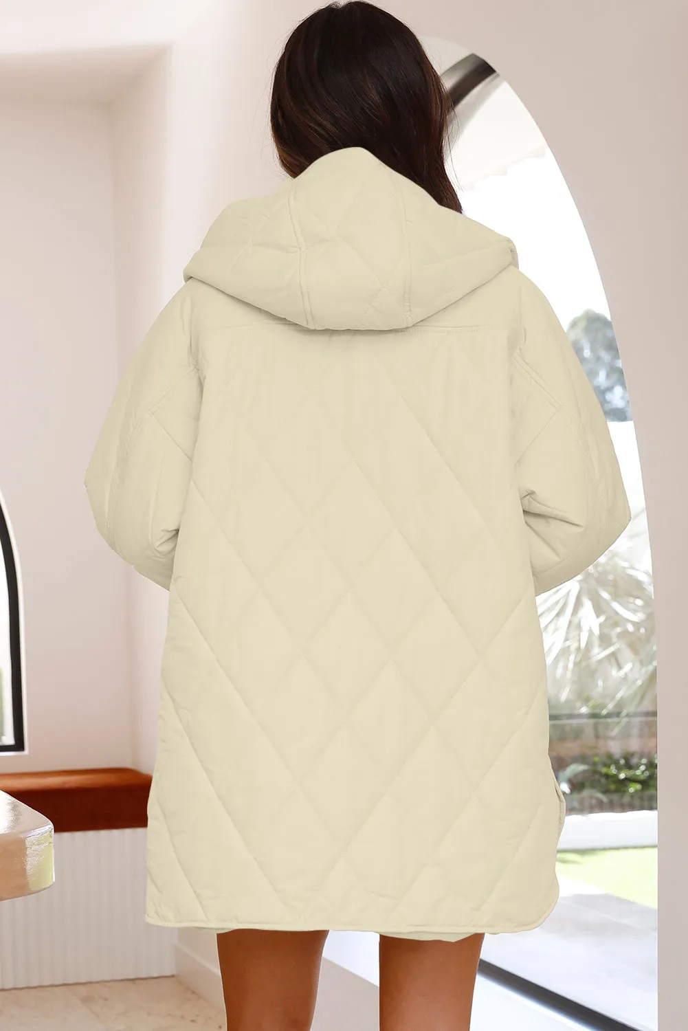 Beige Quilted Snap Button Hooded Puffer Coat