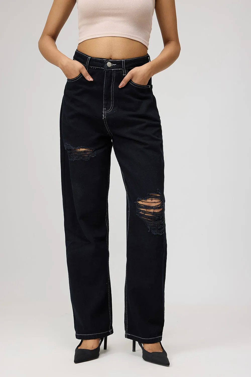 Black High-Rise Distressed Straight Leg Jeans