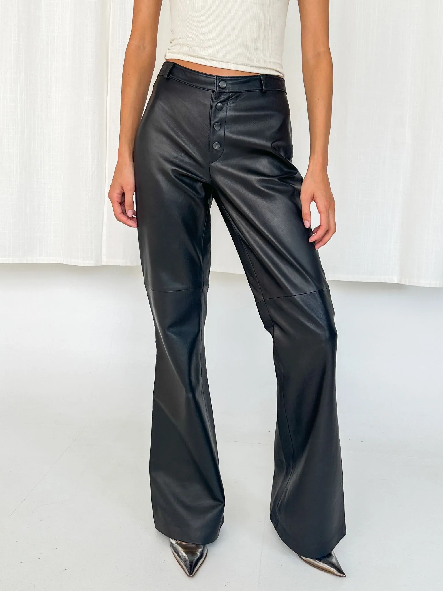 Black Leather Flared Studded Pants (M)