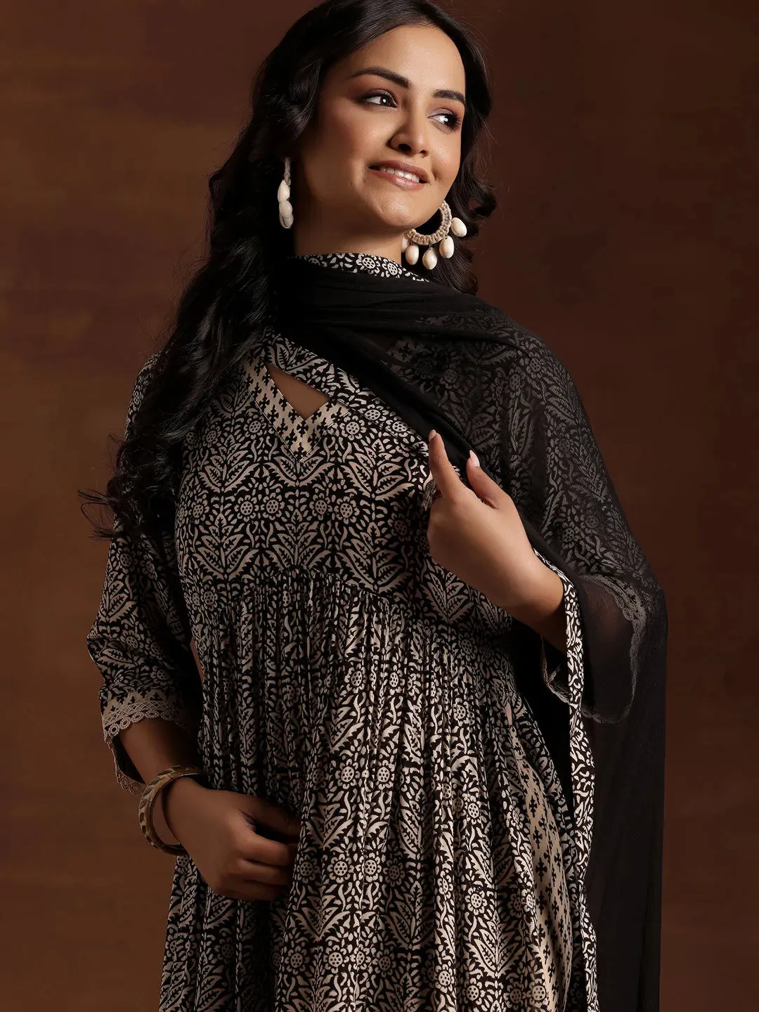 Black Printed Cotton A-Line Kurta With Sharara & Dupatta