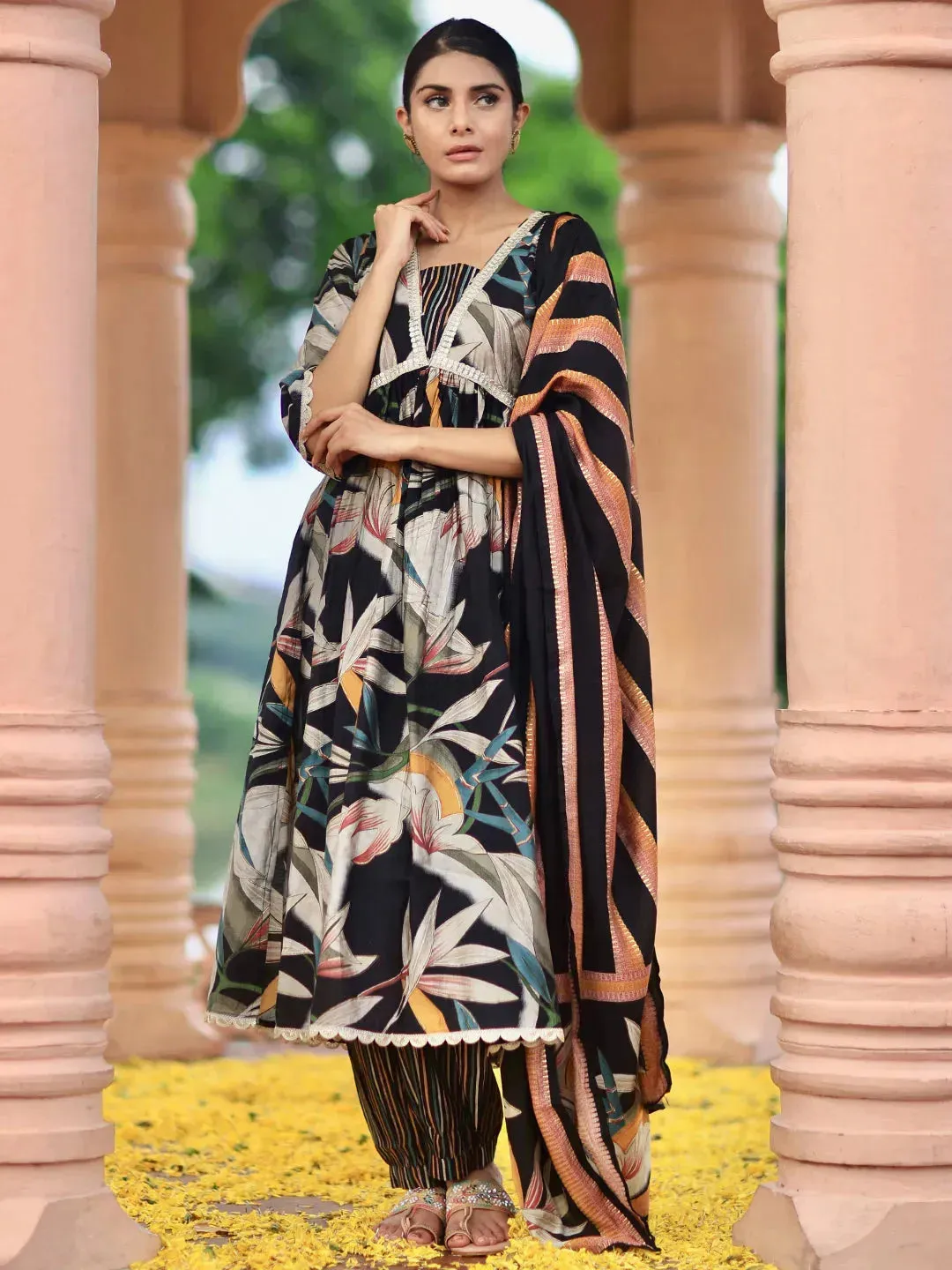 Black Printed Silk Blend A-Line Kurta With Salwar & Dupatta