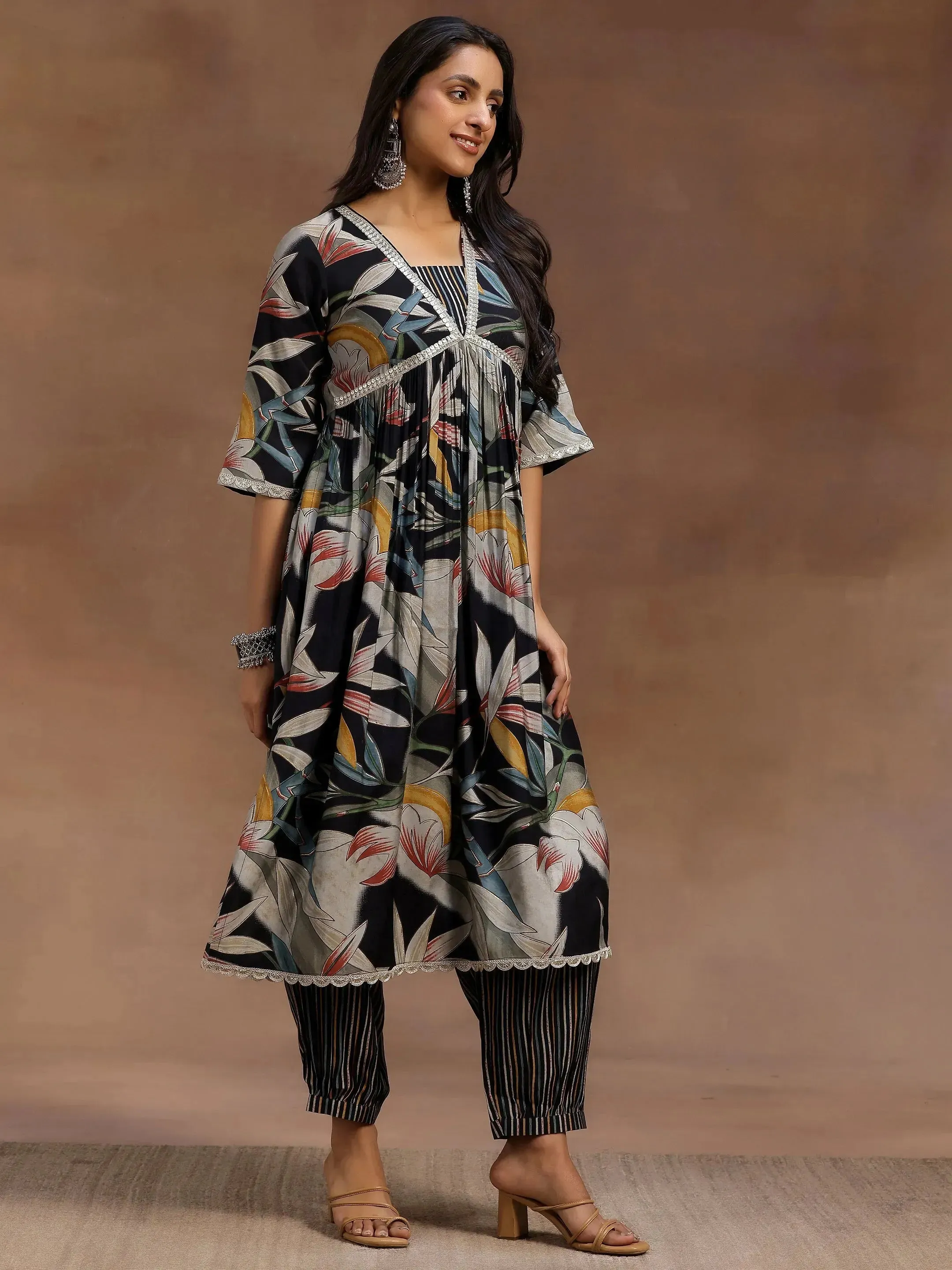 Black Printed Silk Blend A-Line Kurta With Salwar & Dupatta