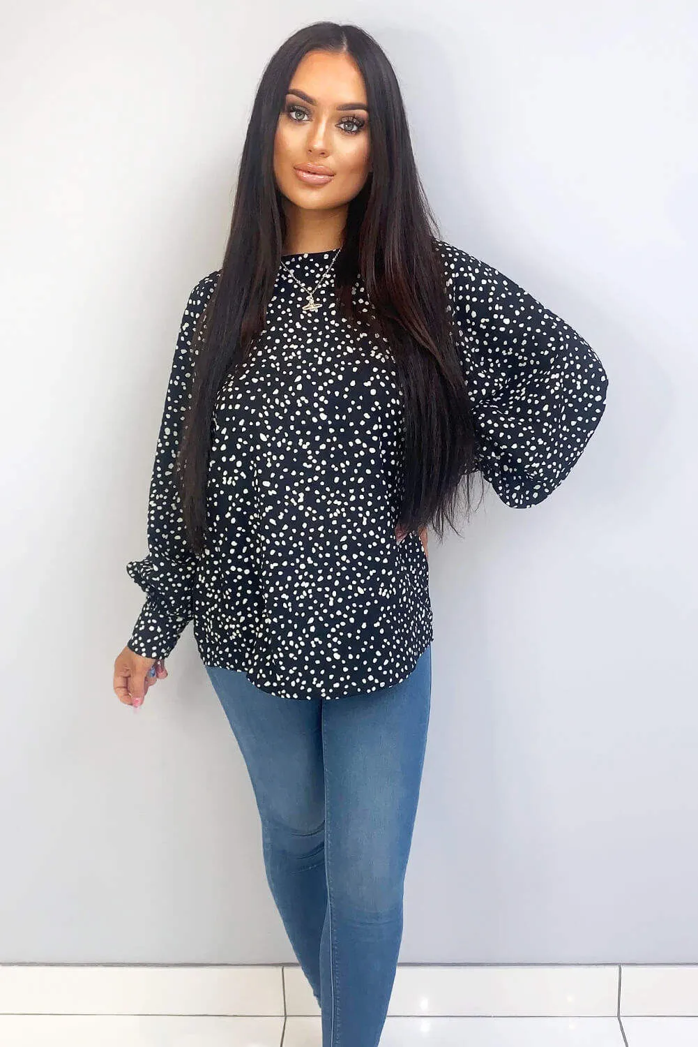 Black Spotty High Neck Wide Sleeve Top