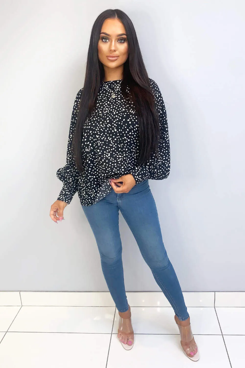 Black Spotty High Neck Wide Sleeve Top