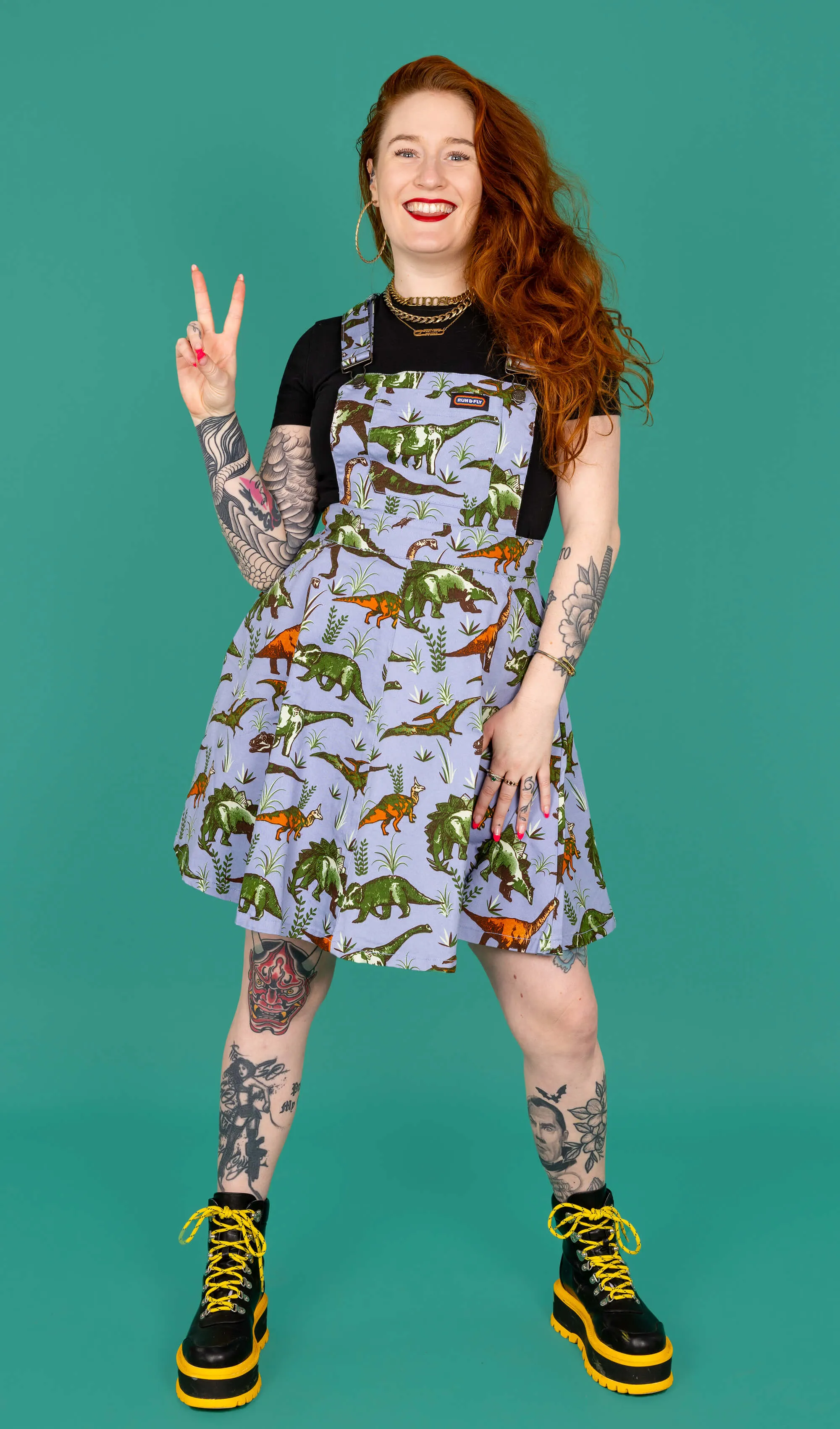 Blue Adventure Dinosaur Flared Pinafore Dress