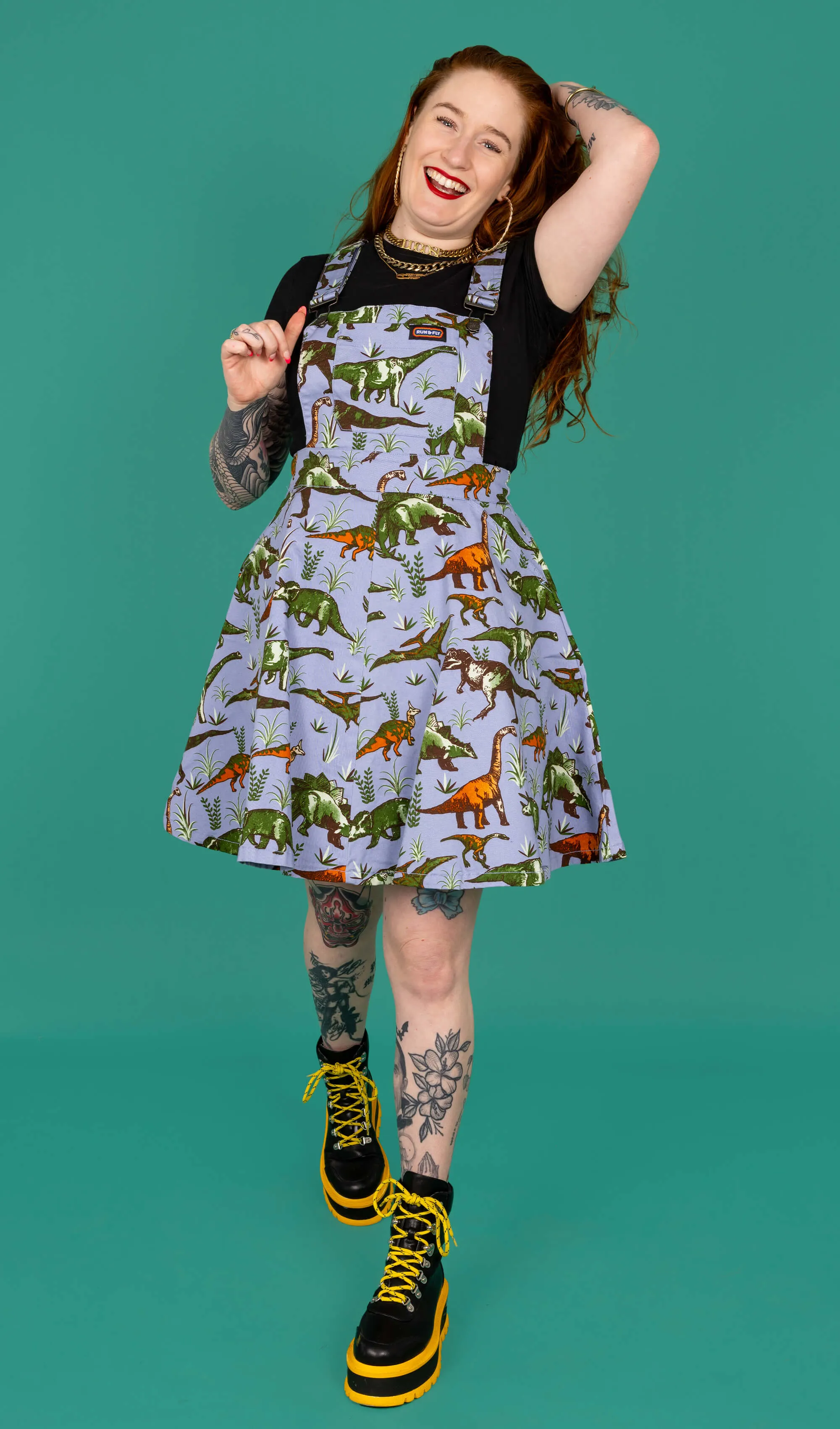 Blue Adventure Dinosaur Flared Pinafore Dress