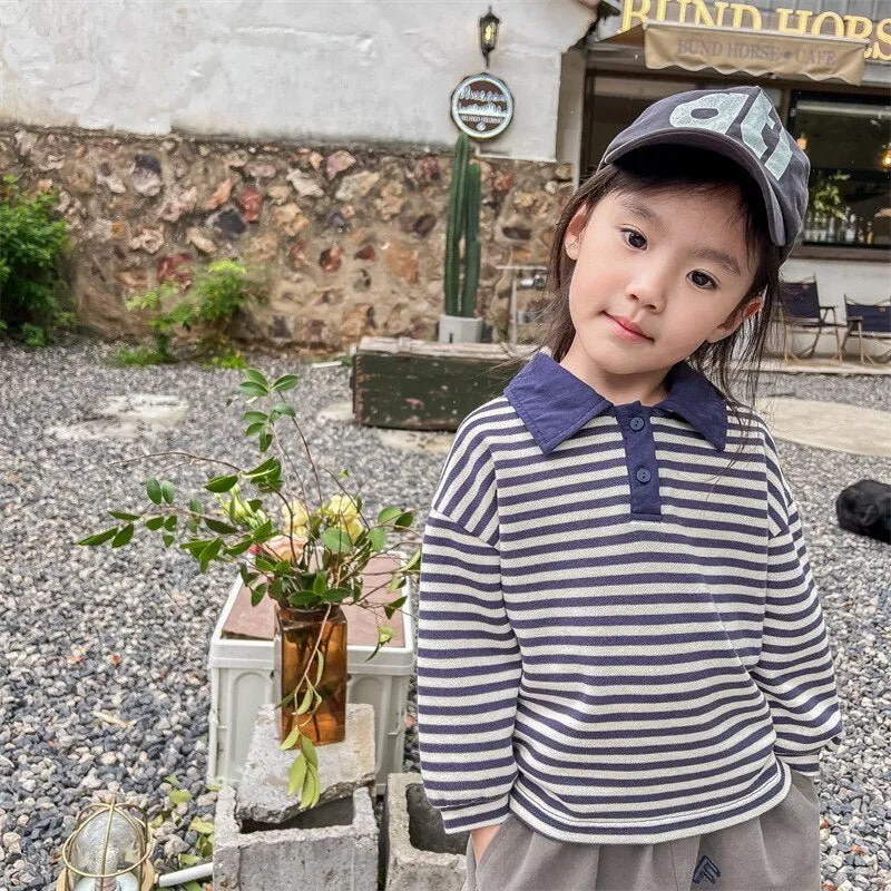 Blue and Light Grey Striped Long Sleeve Polo Top for Boys