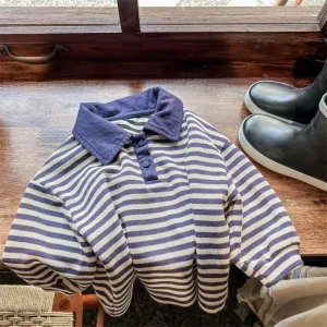 Blue and Light Grey Striped Long Sleeve Polo Top for Boys