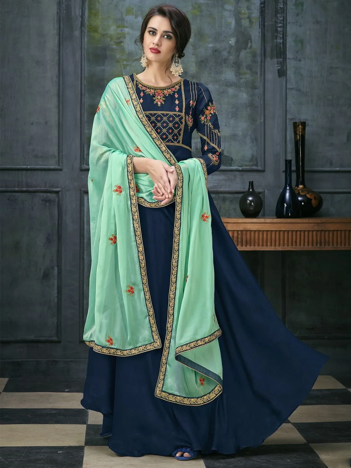 Blue Green Ethnic Embroidered Anarkali Suit