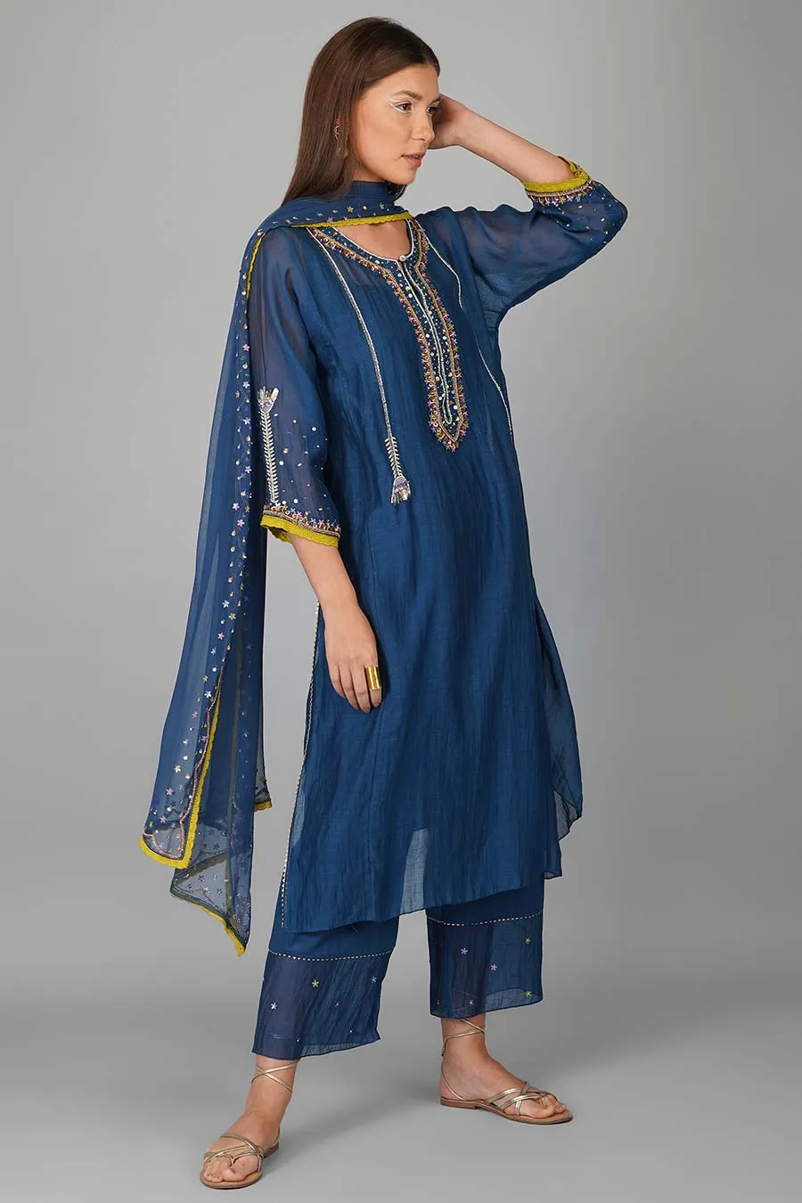 Blue Sequin Flower Kurta Set