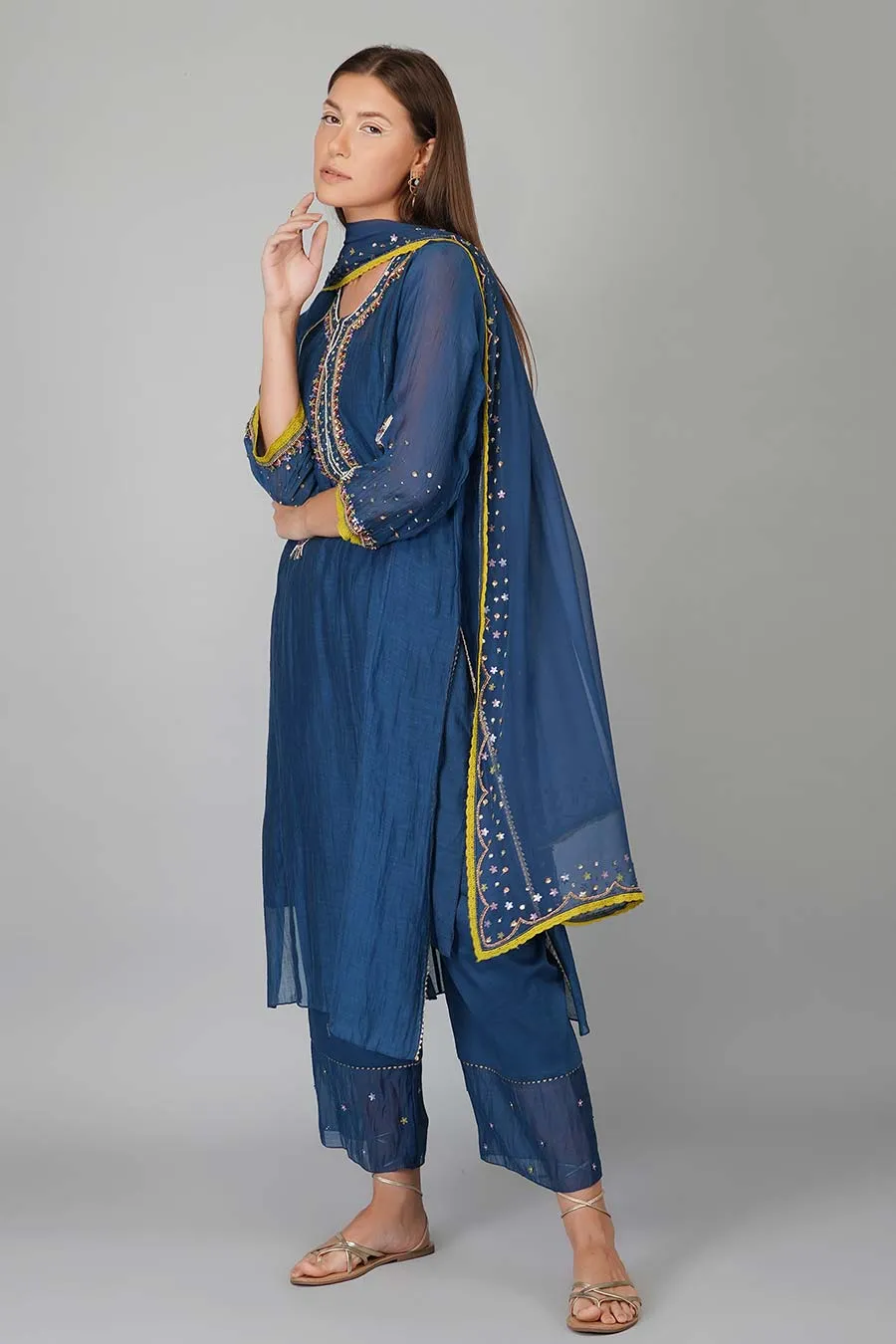 Blue Sequin Flower Kurta Set