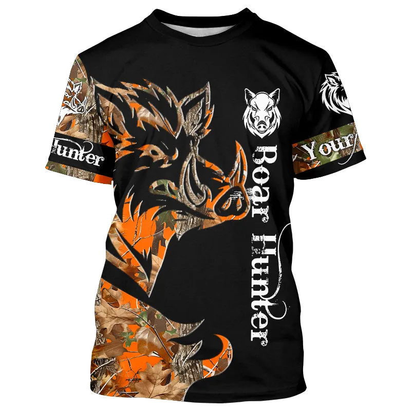 Boar Hunting Black Orange Camo 3D all over Print Long Sleeve Shirt, Christmas Boar Hunting Apparel