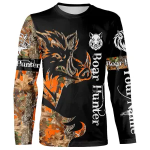 Boar Hunting Black Orange Camo 3D all over Print Long Sleeve Shirt, Christmas Boar Hunting Apparel