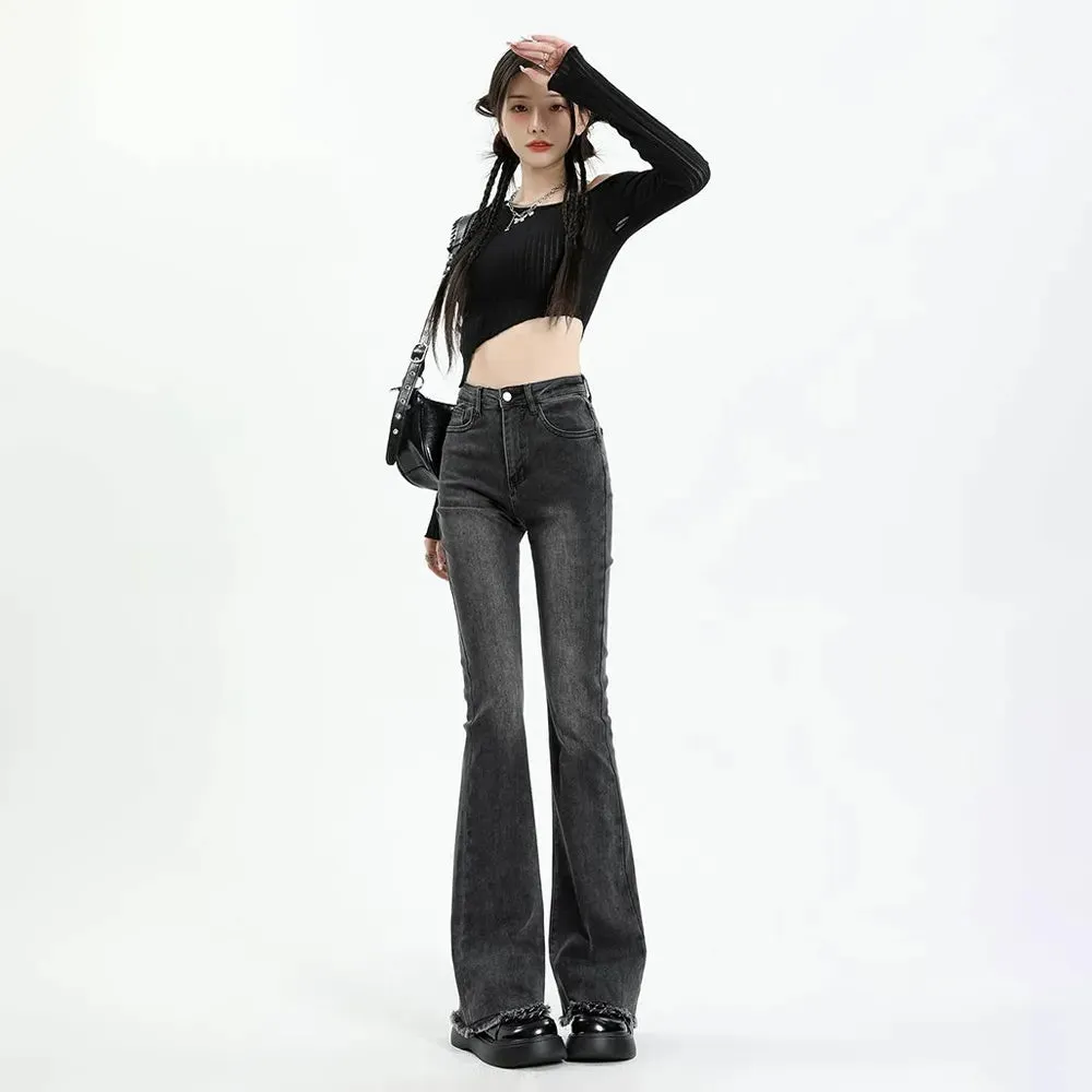 Bonnyshow Gray Flared Jeans Women's Spring Autumn High-waisted Slim-fit Pants Retro Y2K Street Female Denim Trousers