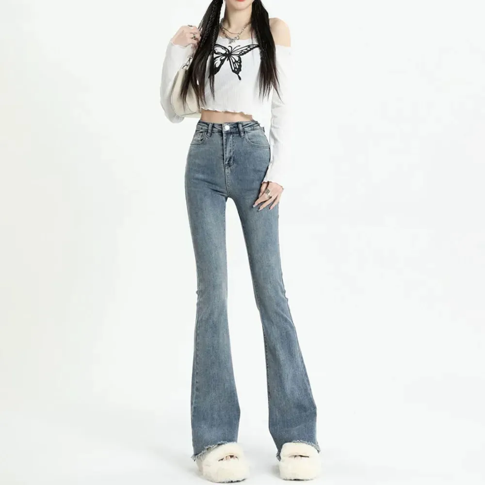 Bonnyshow Gray Flared Jeans Women's Spring Autumn High-waisted Slim-fit Pants Retro Y2K Street Female Denim Trousers