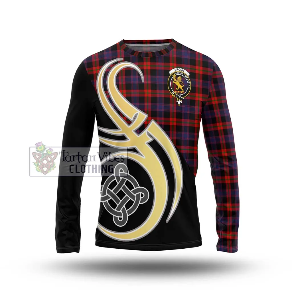 Broun Modern Tartan Long Sleeve T-Shirt with Family Crest and Celtic Symbol Style