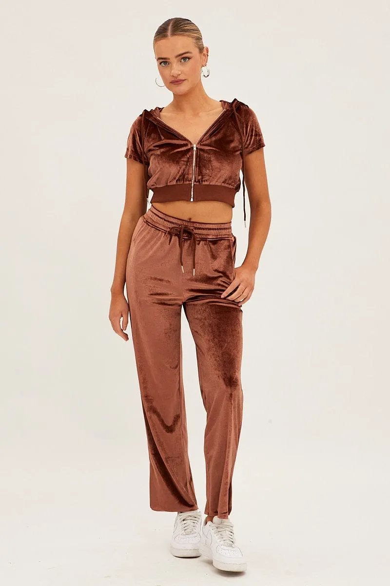 Brown Velvet Flared Hem Pants