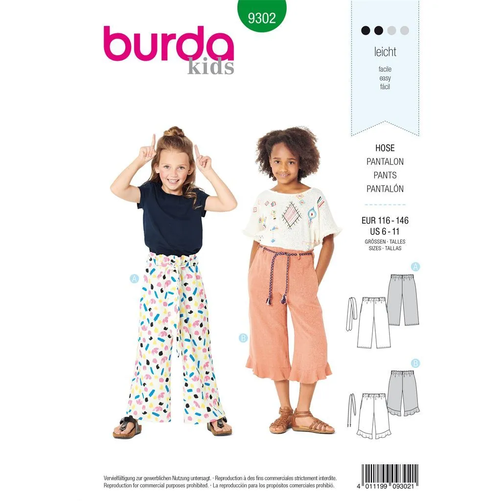 Burda Style Pattern 9302 Children's Pants with Elastic Waist - Culottes - 7 / 8 Length