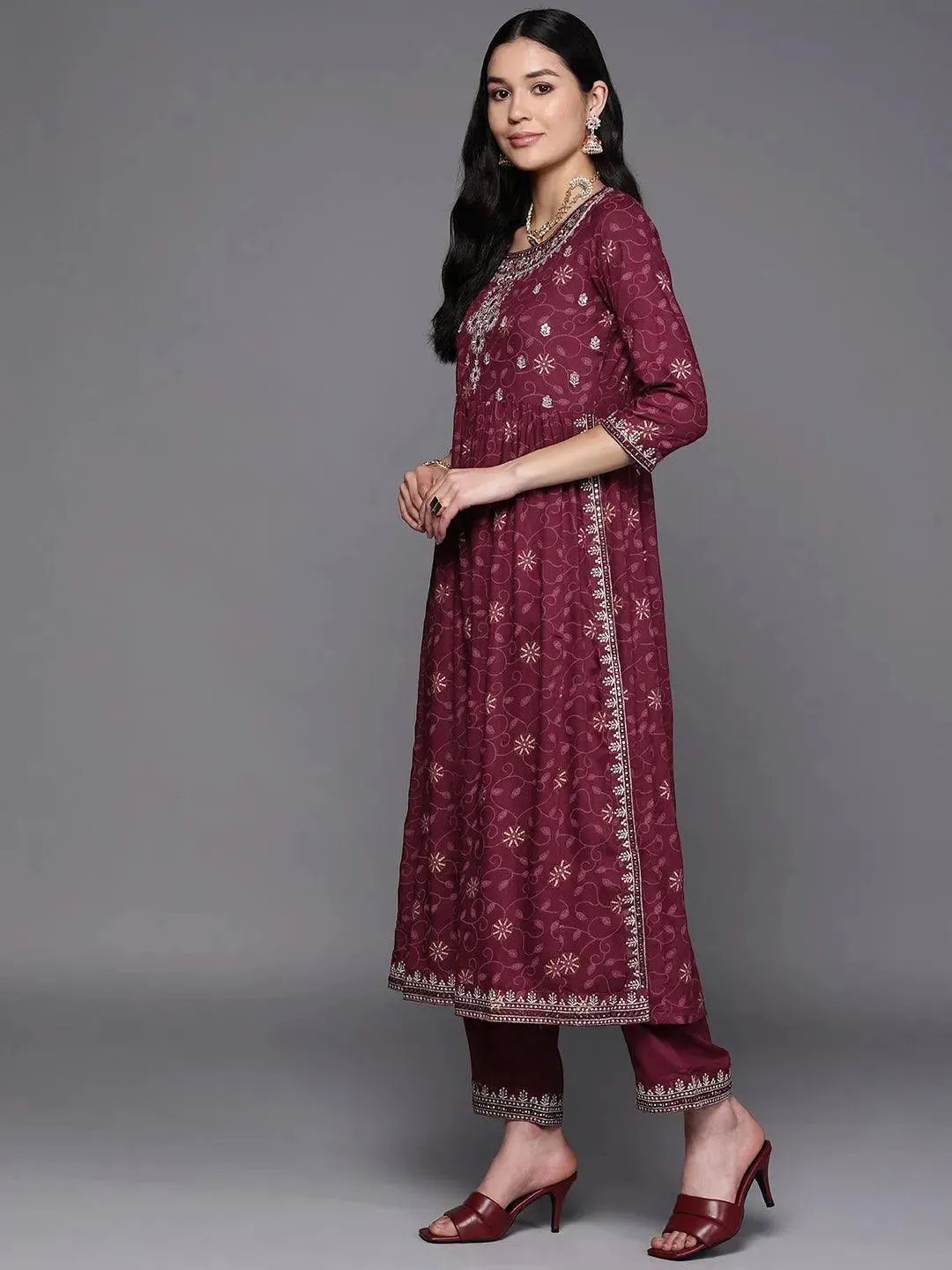 Burgundy Embroidered Rayon A-Line Kurta With Trousers & Dupatta