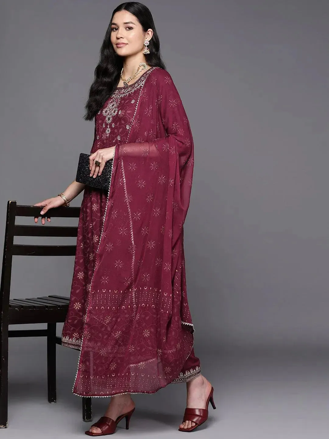 Burgundy Embroidered Rayon A-Line Kurta With Trousers & Dupatta