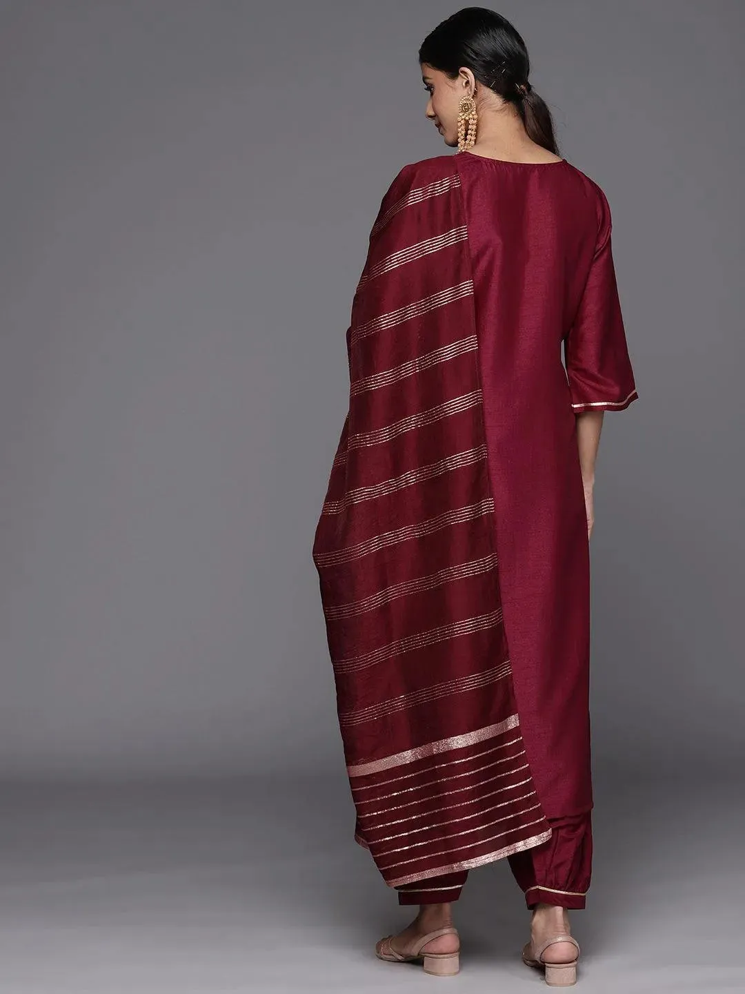 Burgundy Yoke Design Silk Blend Straight Kurta With Salwar & Dupatta