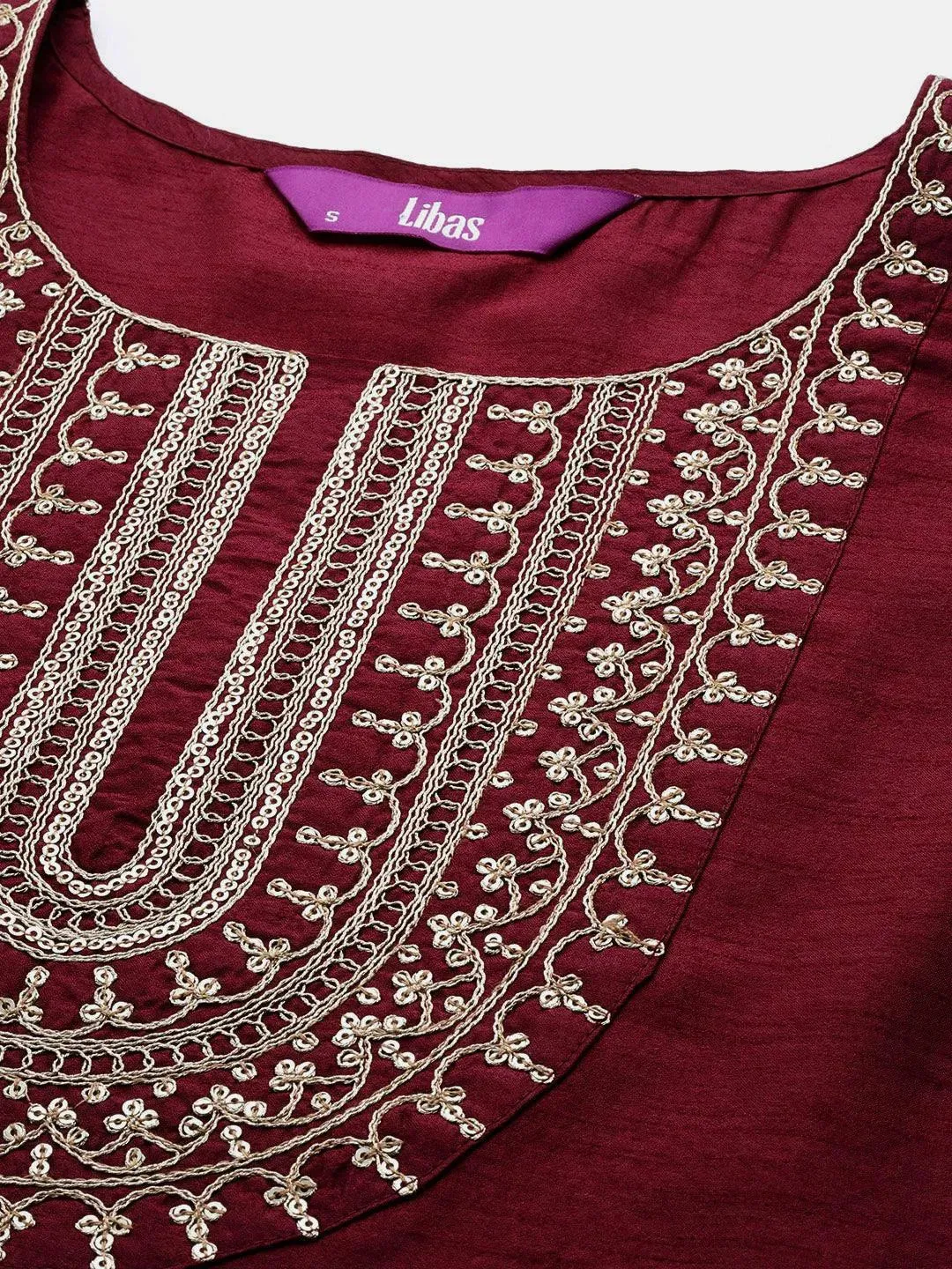 Burgundy Yoke Design Silk Blend Straight Kurta With Salwar & Dupatta