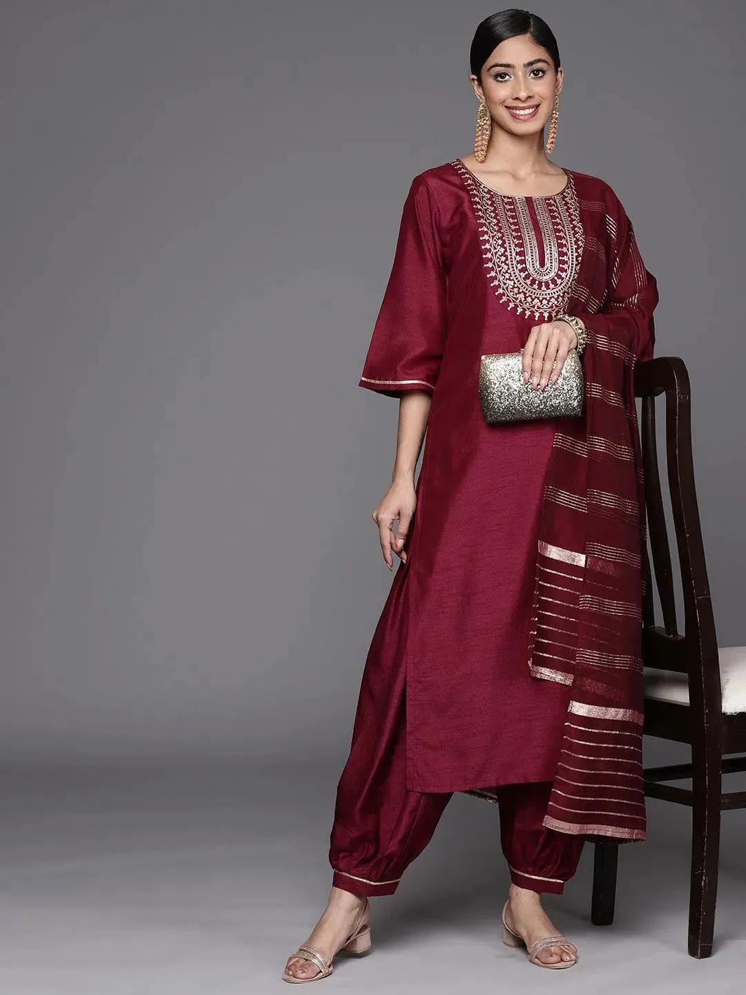 Burgundy Yoke Design Silk Blend Straight Kurta With Salwar & Dupatta