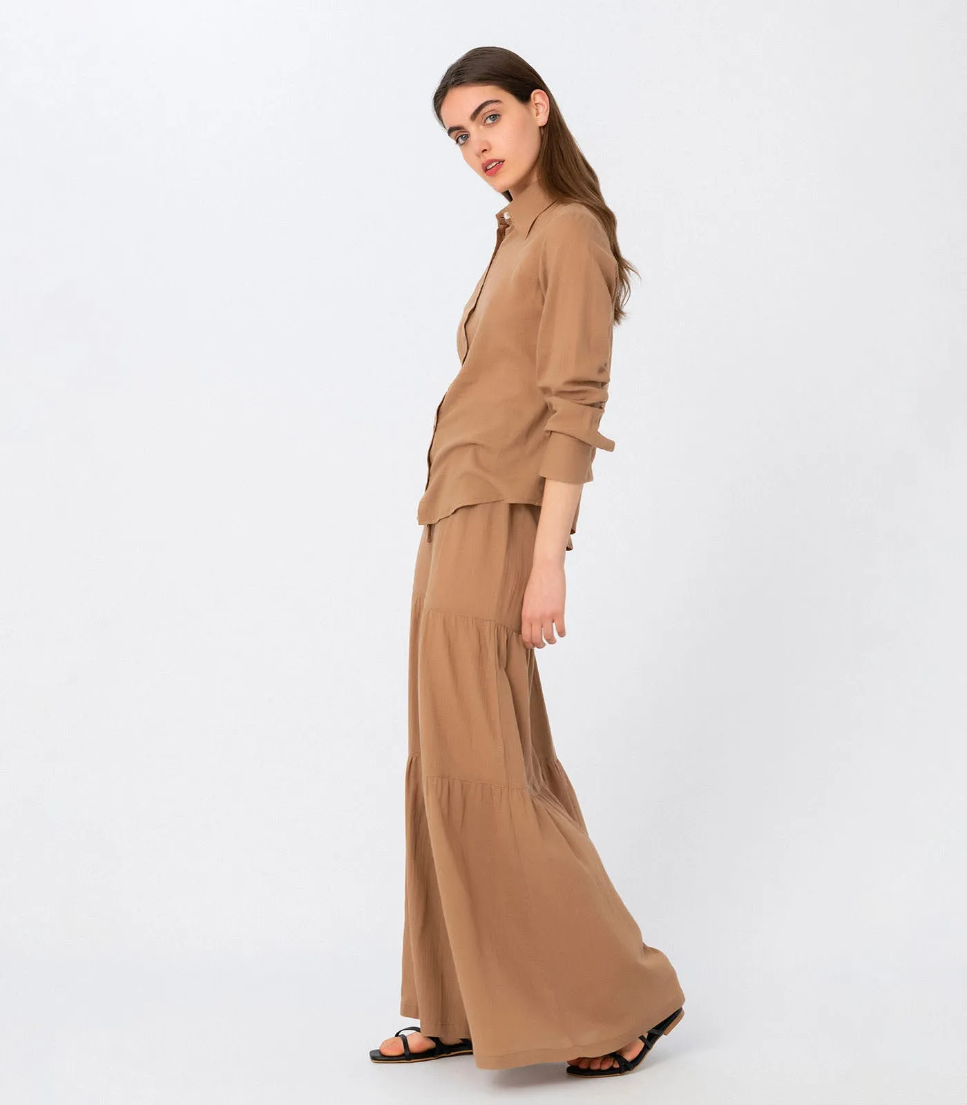 Cappuccino 3 Tier Flared Bell Bottom Pants Brown