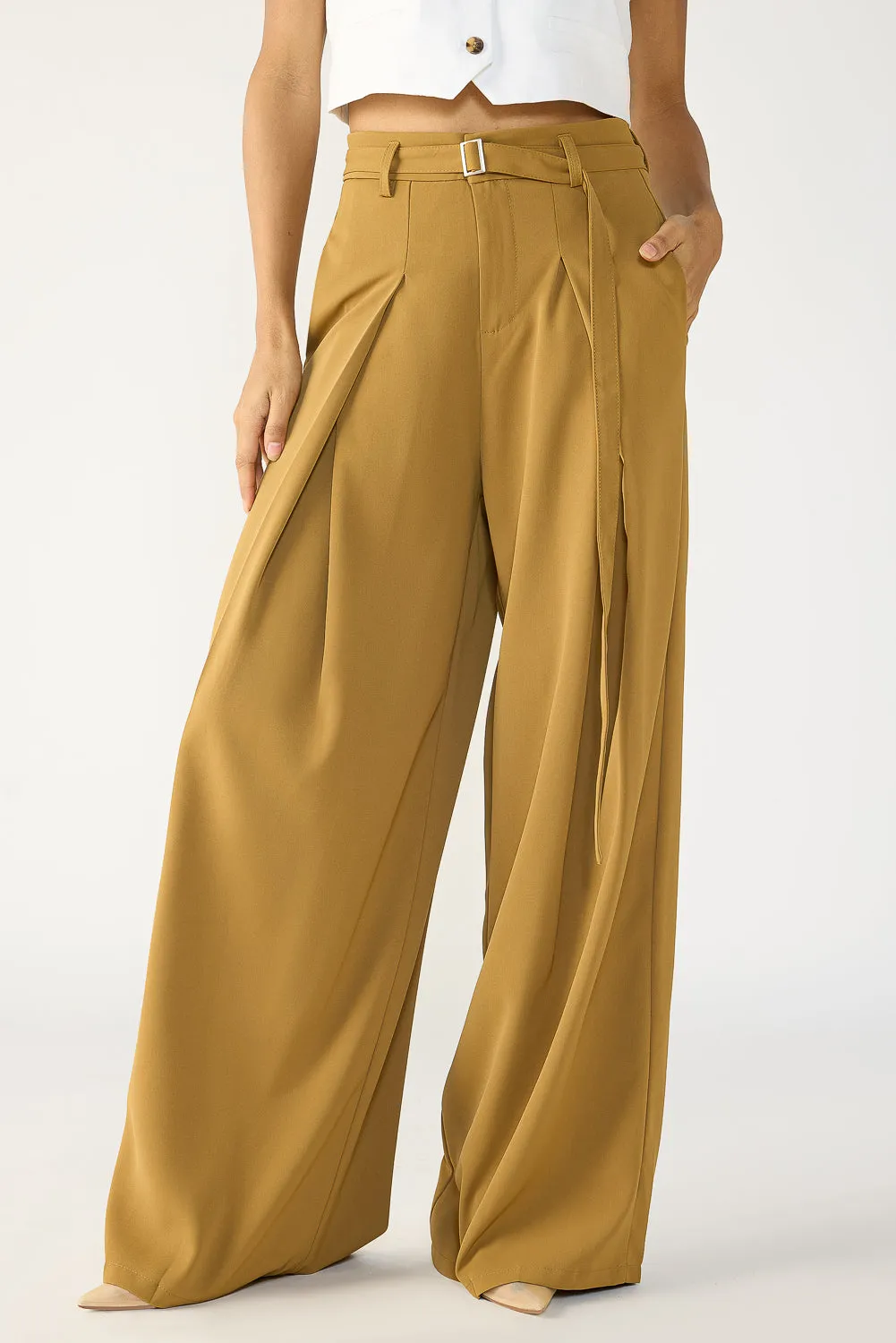 Clay Brown Belted Flared Korean Pants