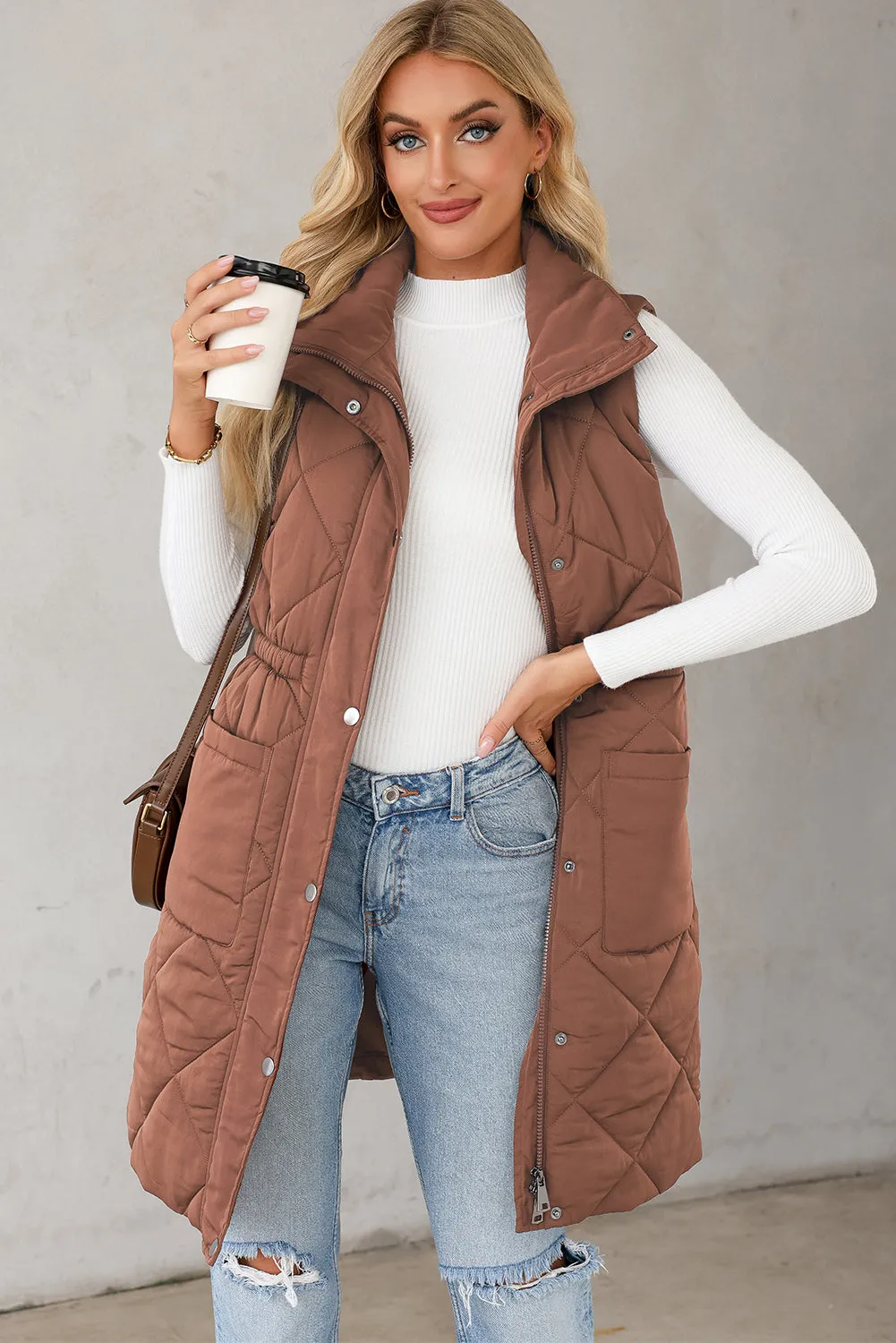 Coffee Puffer Quilted Stand Collar Pocketed Vest Coat