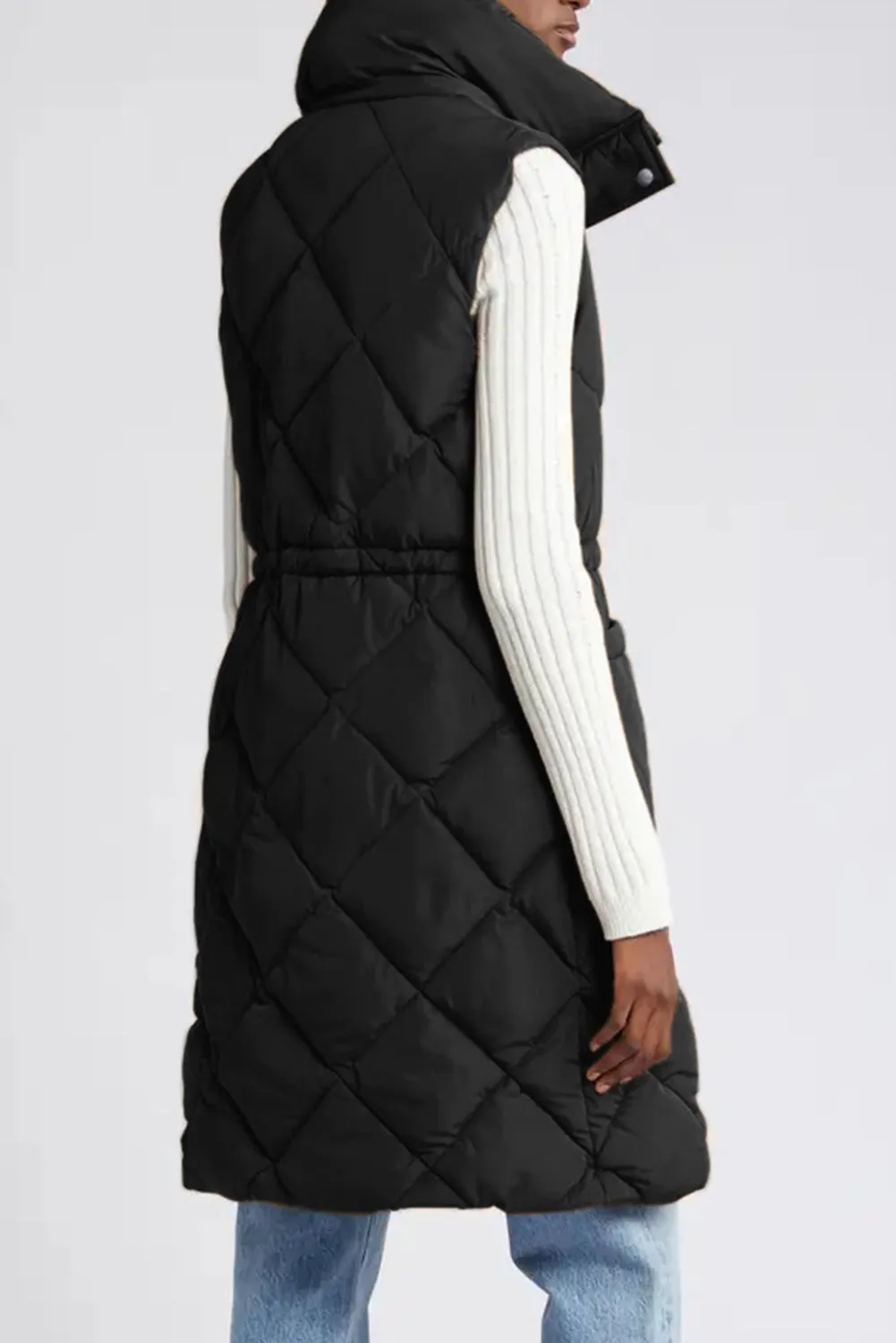 Coffee Puffer Quilted Stand Collar Pocketed Vest Coat