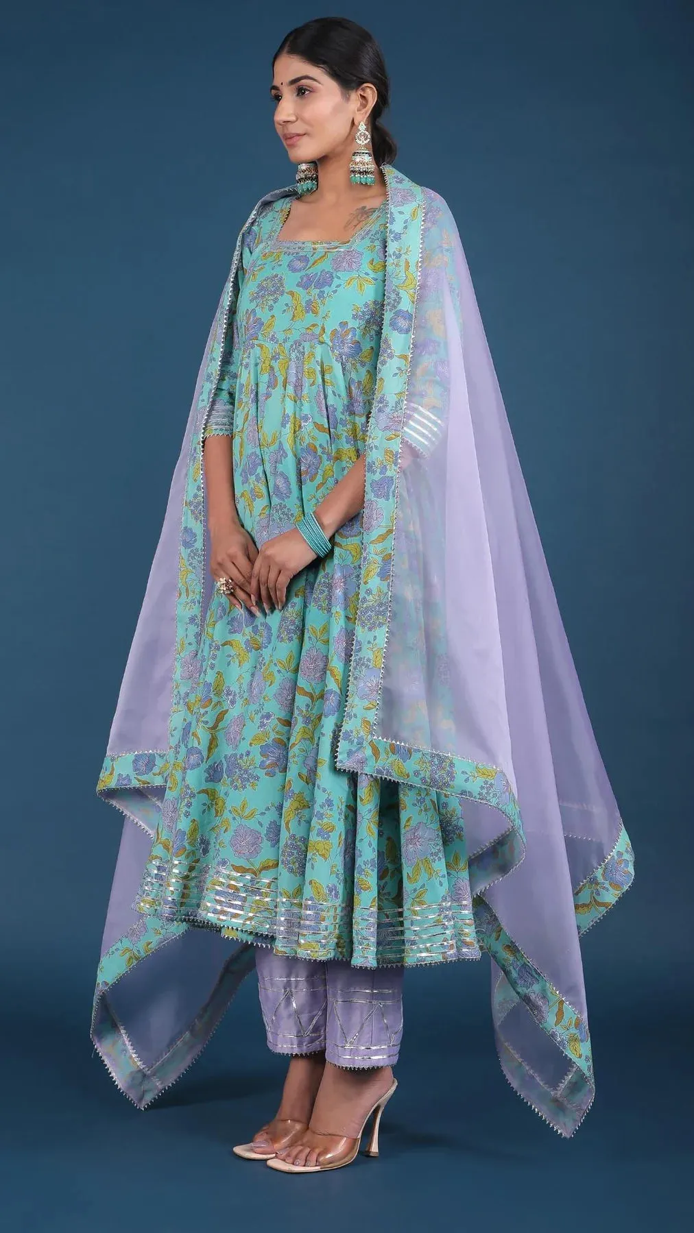 Cotton Blue Floral Print Anarkali Kurta with Cotton Silk Botton with Organza Dupatta