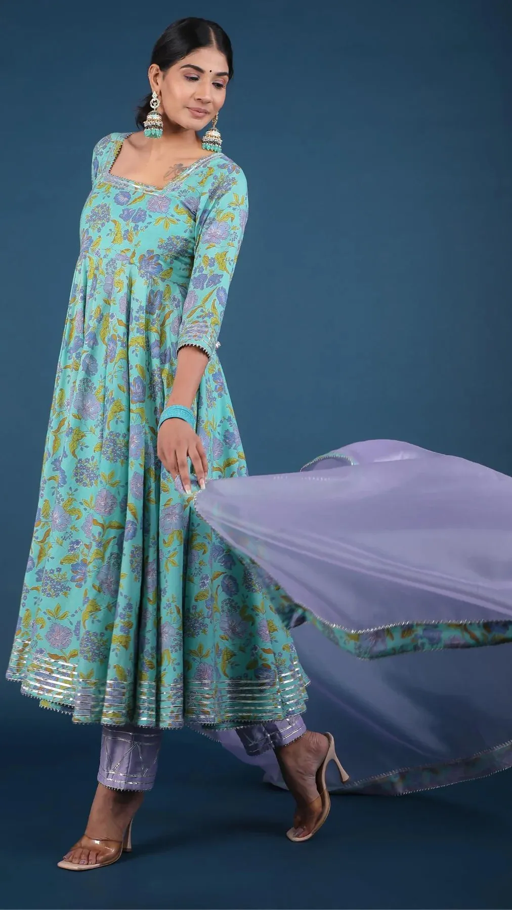 Cotton Blue Floral Print Anarkali Kurta with Cotton Silk Botton with Organza Dupatta