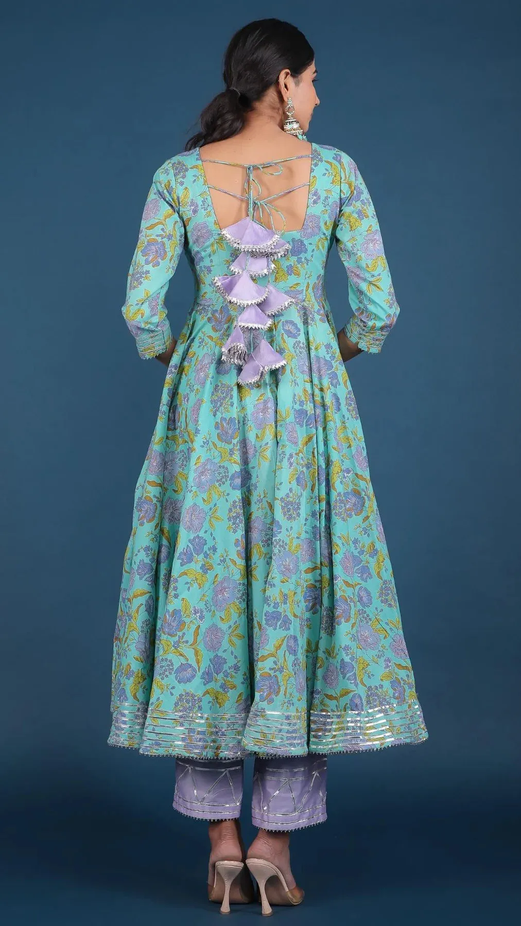 Cotton Blue Floral Print Anarkali Kurta with Cotton Silk Botton with Organza Dupatta