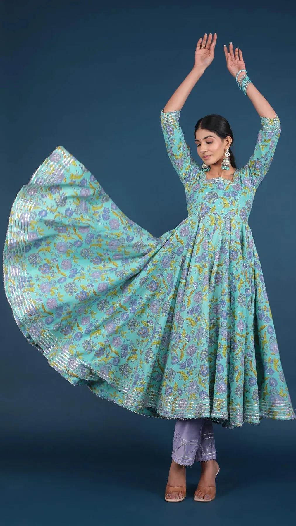 Cotton Blue Floral Print Anarkali Kurta with Cotton Silk Botton with Organza Dupatta