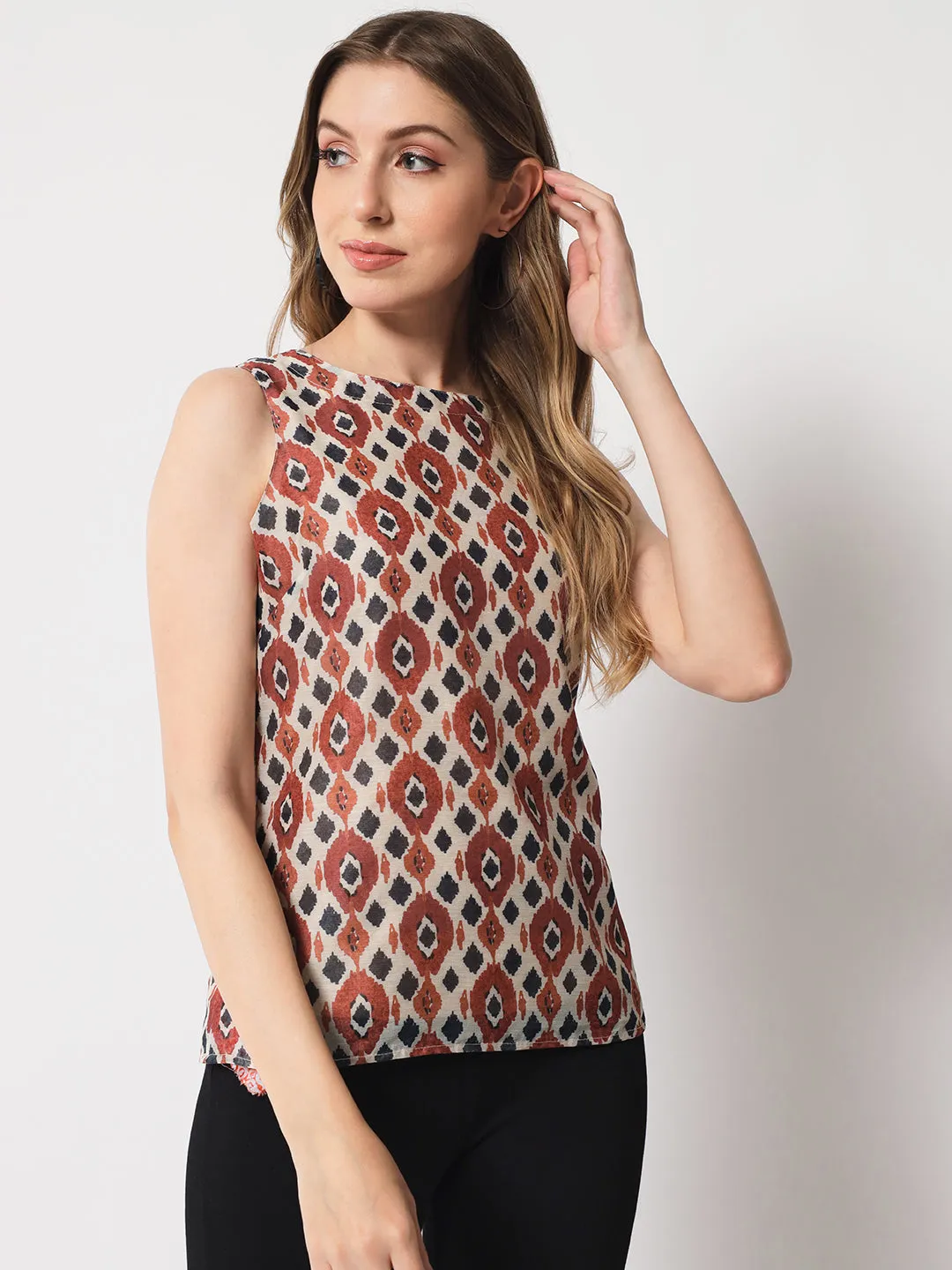 Cream & Maroon Print Crepe Top