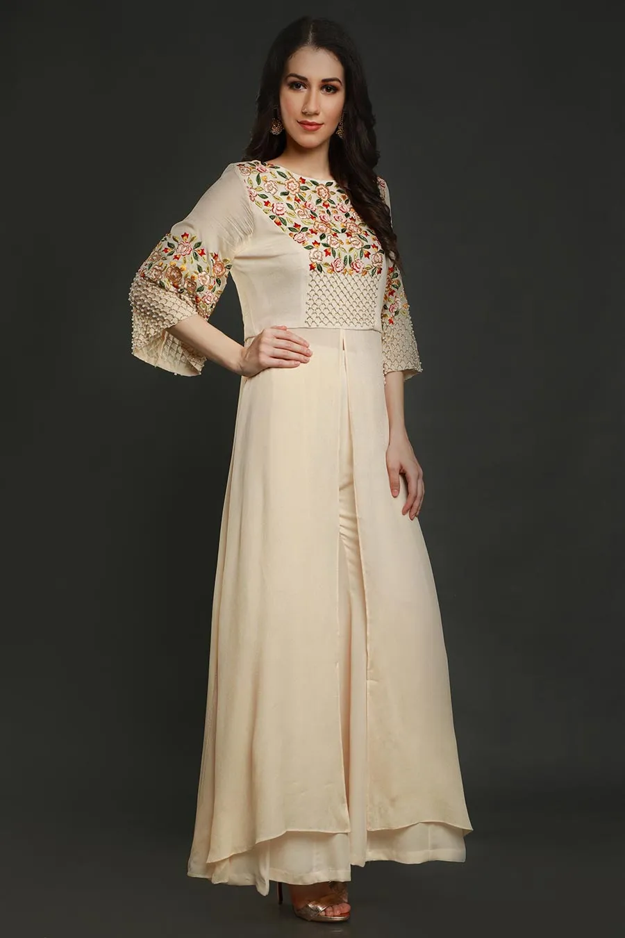 Cream Embroidered Tunic & Sharara Set