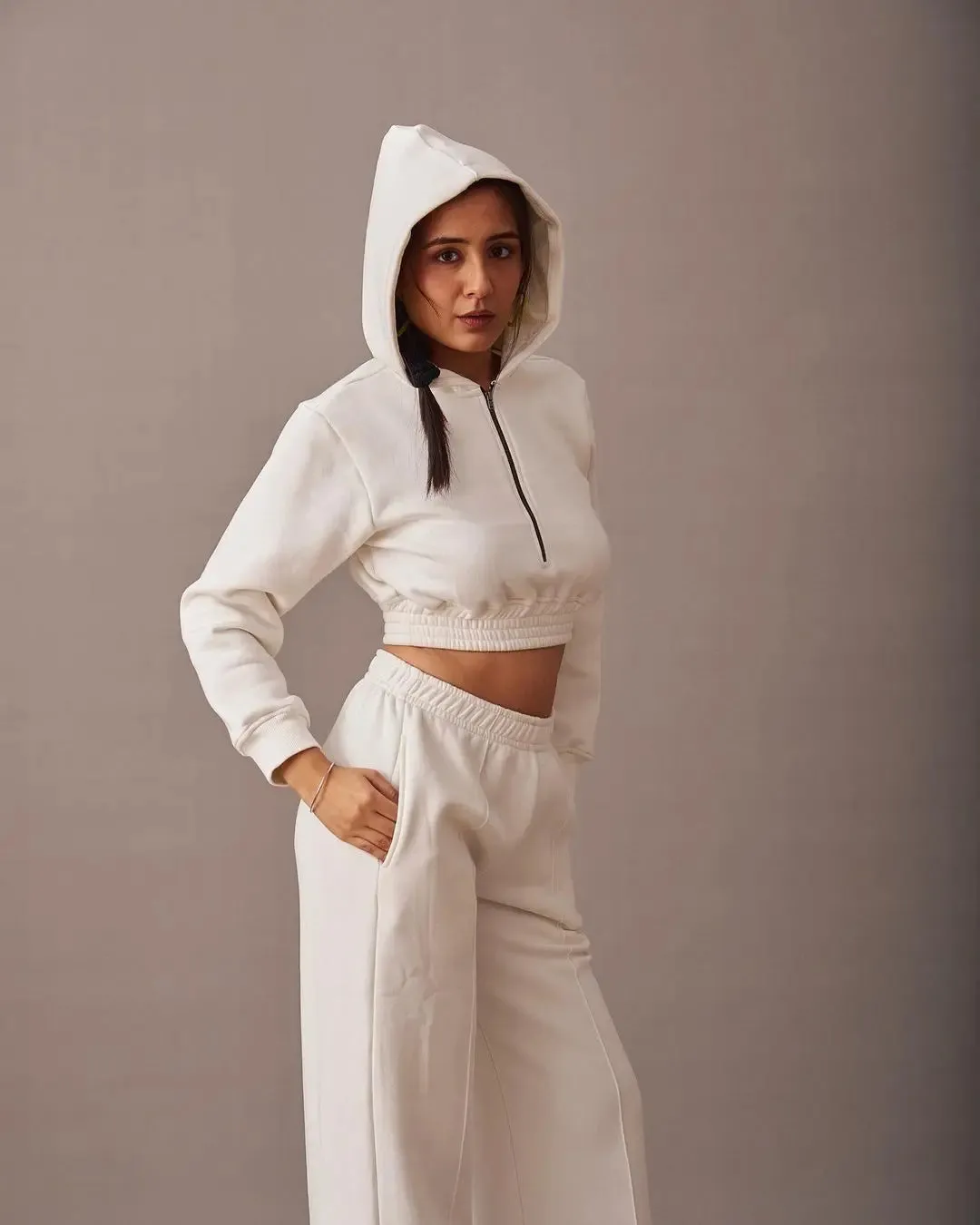 Cropped Hooded Sweatshirt with Flared Jogger Pants